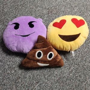 Set of 3 Emoji Pillows - Devil. Poop and Heart smile.